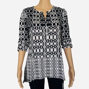 Cato casual shirt top S black white geometrical pattern 3/4 sleeves round/V neck